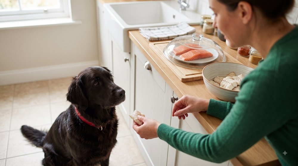 Woman hand-feeding a piece of cooked white fish to a black dog in a kitchen