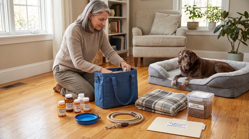 Woman packing senior dog travel bag with medicine, food, and vet records