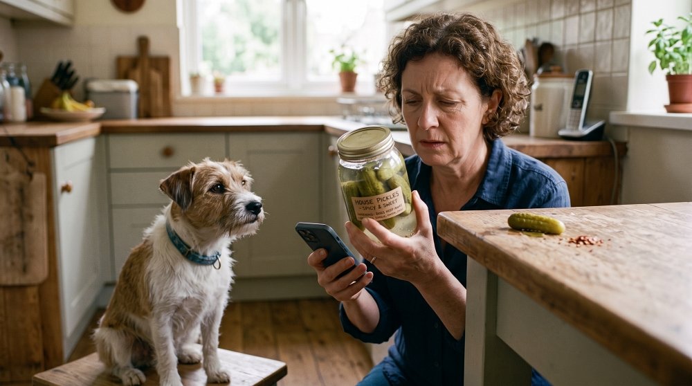 Woman researching pickle safety for dogs on smartphone next to Jack Russell terrier