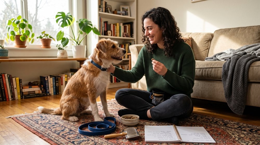 Woman sitting on the floor giving a treat to her dog next to a notebook and leash