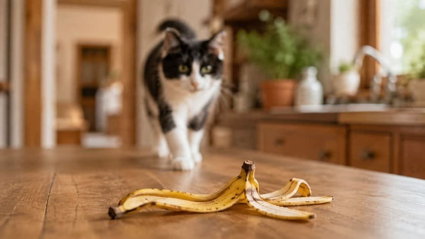 Banana peel left on a kitchen counter with a cat approaching in the background