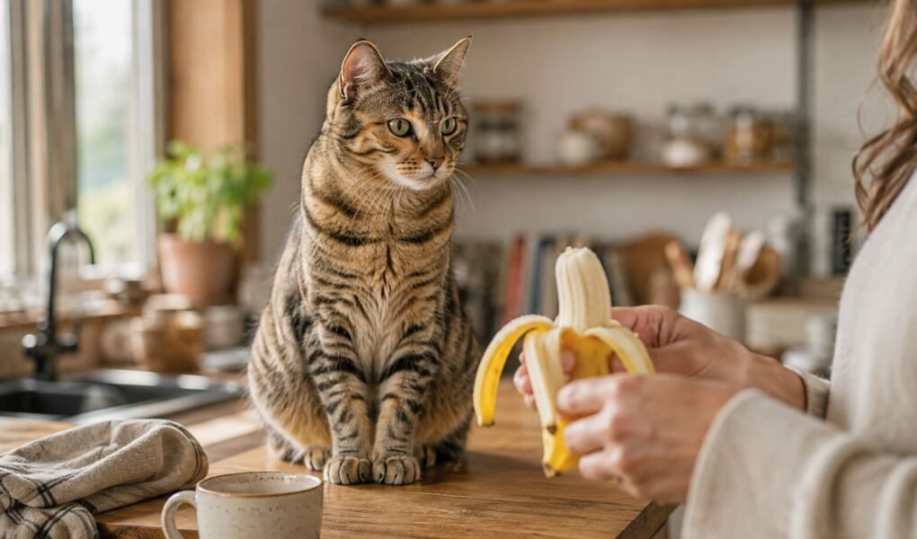 Curious tabby cat sitting on a kitchen counter watching a person peel a ripe banana