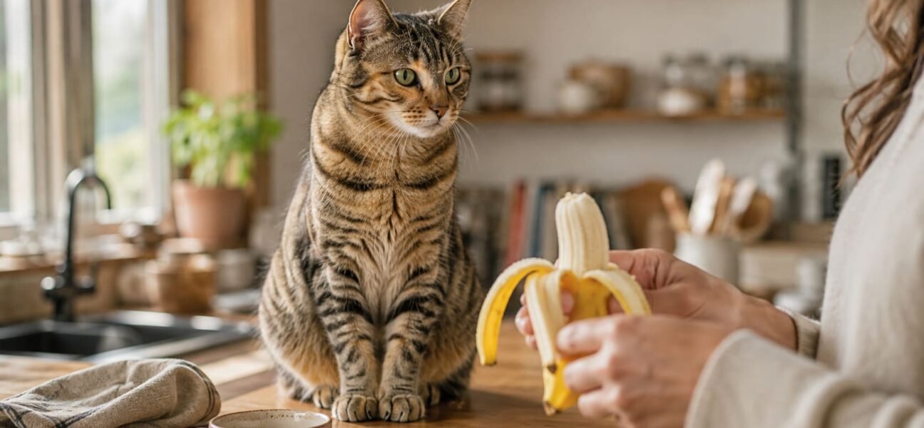 Curious tabby cat sitting on a kitchen counter watching a person peel a ripe banana