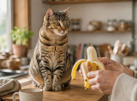 Curious tabby cat sitting on a kitchen counter watching a person peel a ripe banana