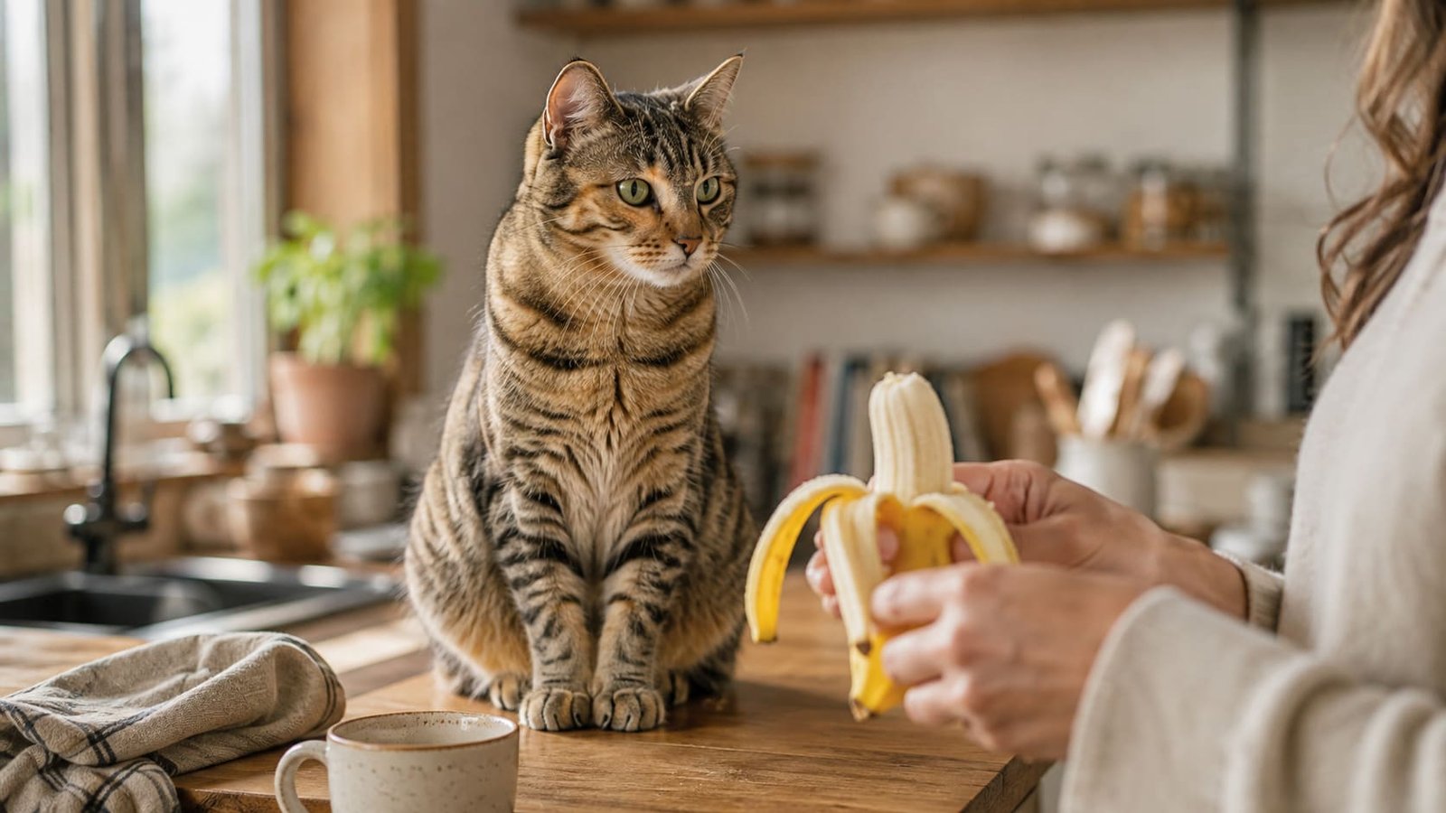 Curious tabby cat sitting on a kitchen counter watching a person peel a ripe banana