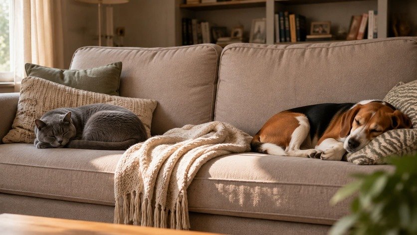 Grey British Shorthair cat and a beagle resting at opposite ends of the same sofa