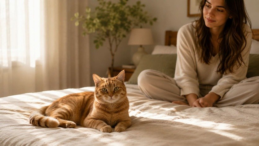 Calm orange cat with relaxed ears and loose tail resting on a bed beside her owner