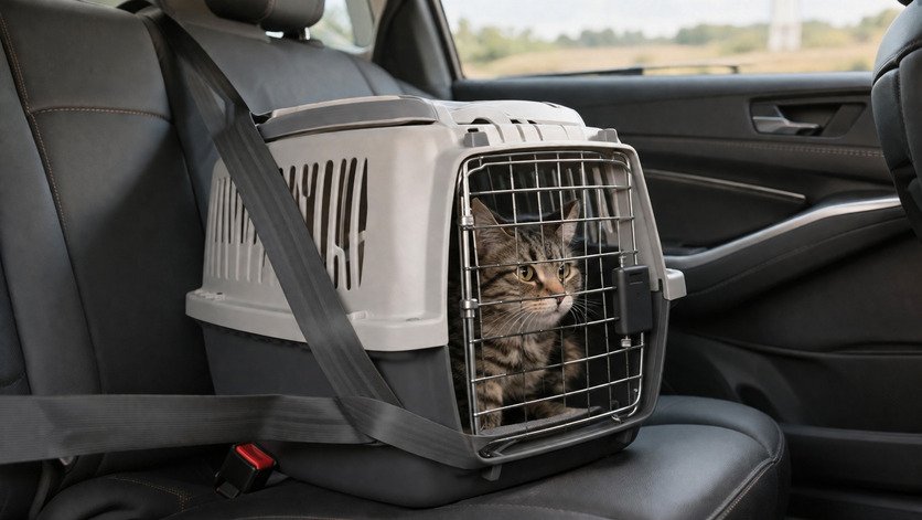 A cat carrier secured on the back seat of a car