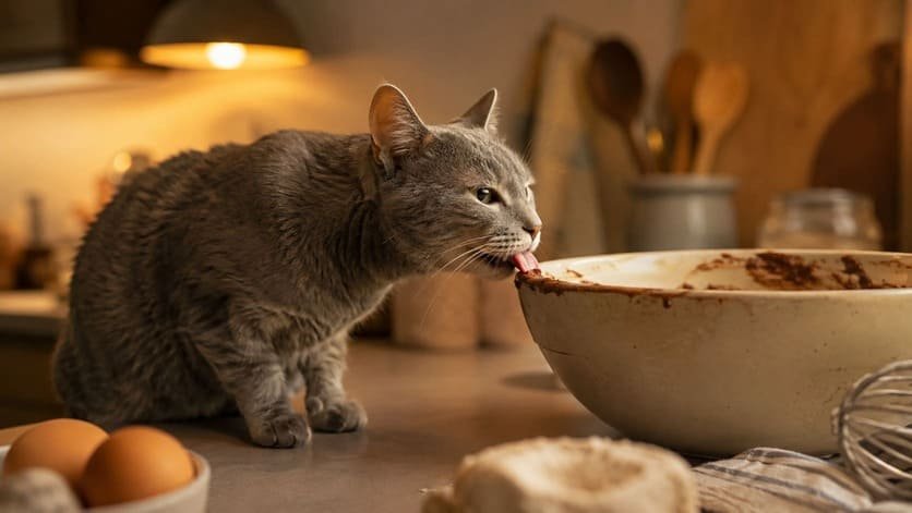 Gray cat licking the rim of a mixing bowl with chocolate frosting in a home kitchen