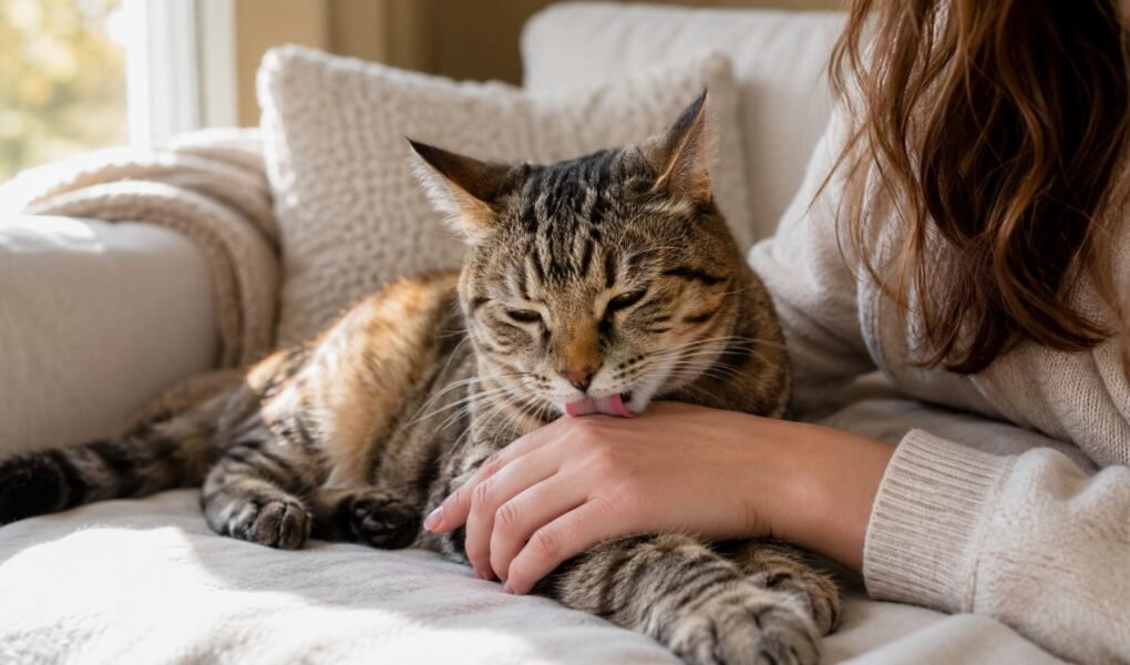 Tabby cat licking her owner's hand while resting on a sunlit sofa