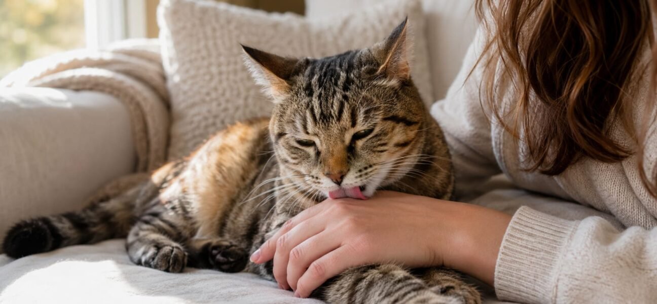 Tabby cat licking her owner's hand while resting on a sunlit sofa