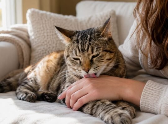 Tabby cat licking her owner's hand while resting on a sunlit sofa