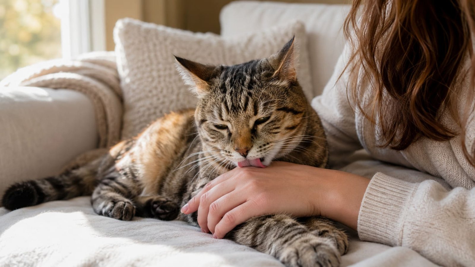 Tabby cat licking her owner's hand while resting on a sunlit sofa