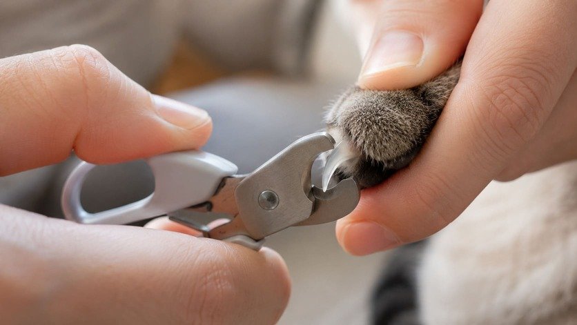 Scissor-style cat nail clippers positioned across the tip of a cat's claw, ready to cut the curved hook