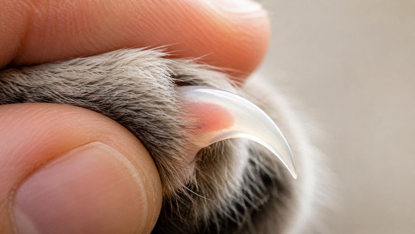 Close-up of a cat's pale claw extended, showing the pink quick inside the base and the clear tip beyond it