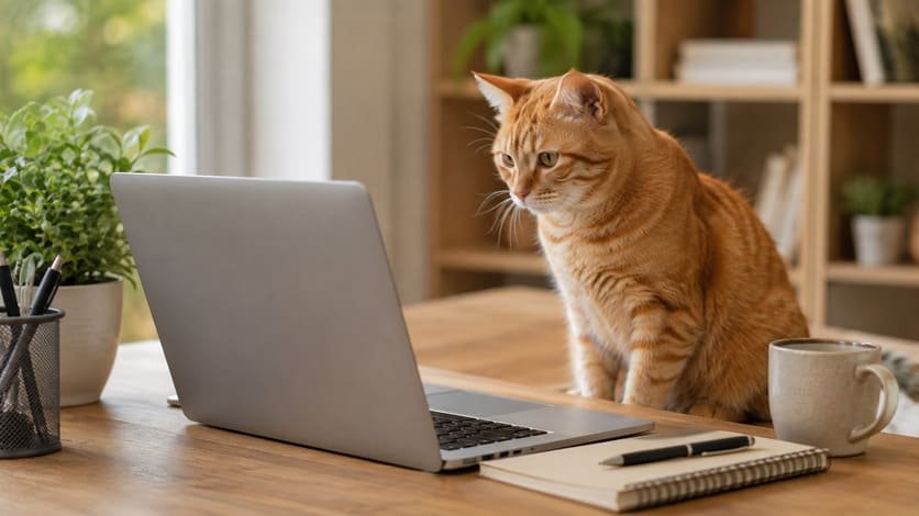 Laptop displaying pet data charts next to a curious orange cat on a desk