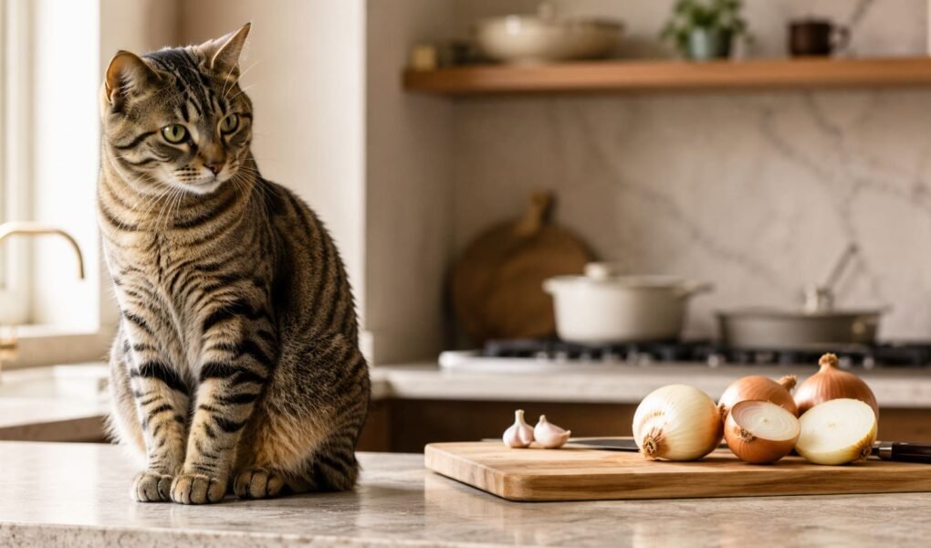 Tabby cat sitting on a kitchen counter beside a chopping board of onions and garlic