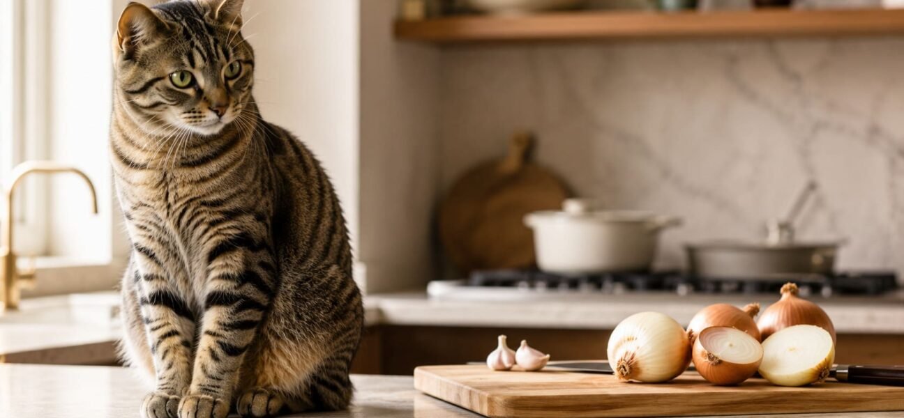 Tabby cat sitting on a kitchen counter beside a chopping board of onions and garlic