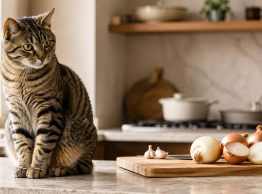 Tabby cat sitting on a kitchen counter beside a chopping board of onions and garlic