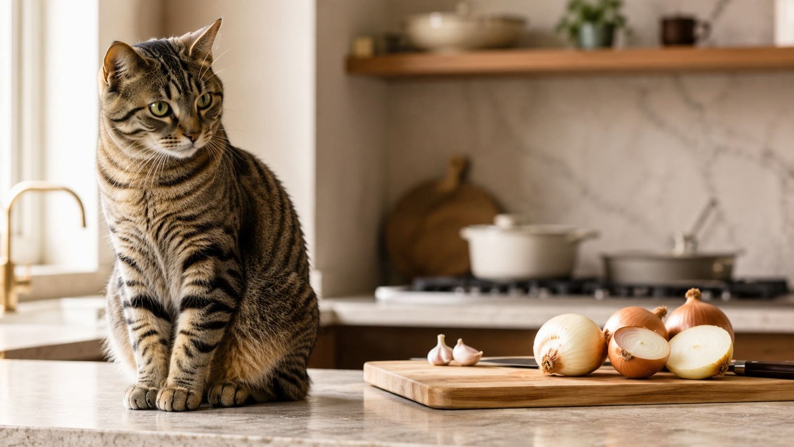 Tabby cat sitting on a kitchen counter beside a chopping board of onions and garlic