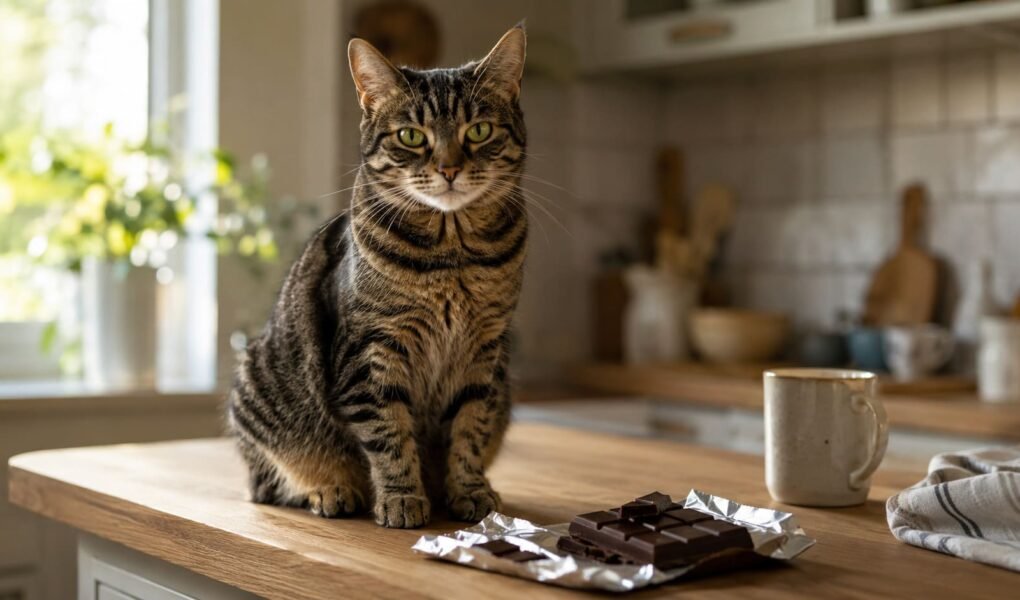 Tabby cat sitting on a kitchen counter beside an open bar of dark chocolate