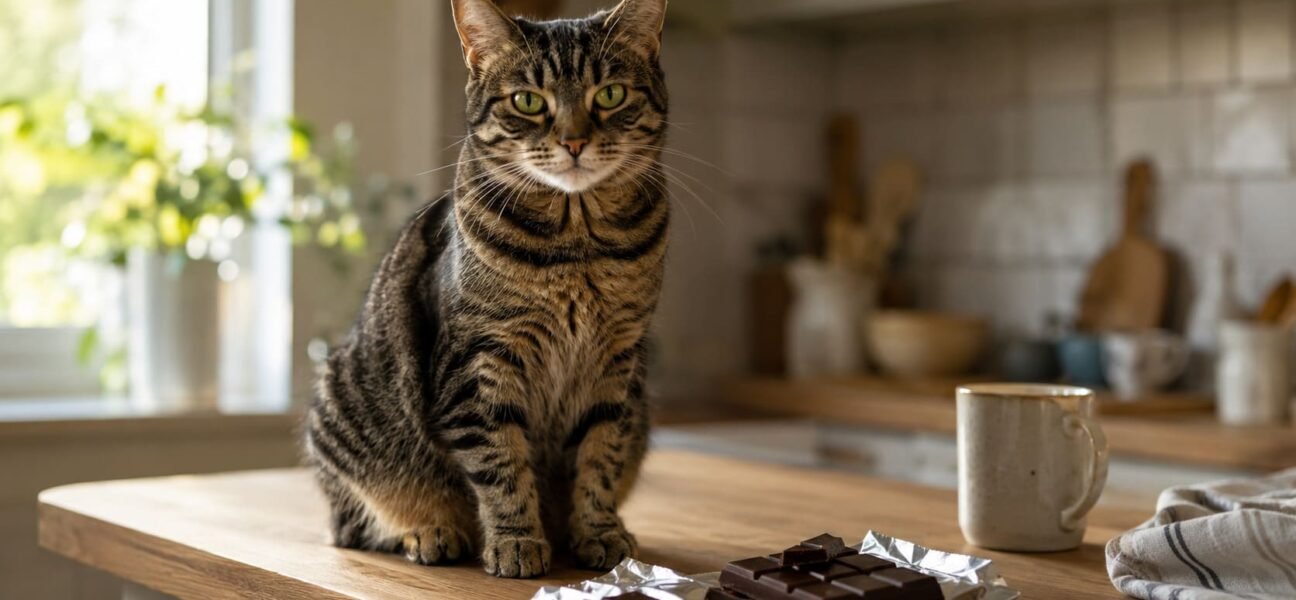 Tabby cat sitting on a kitchen counter beside an open bar of dark chocolate