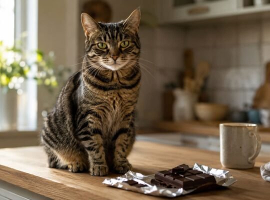 Tabby cat sitting on a kitchen counter beside an open bar of dark chocolate