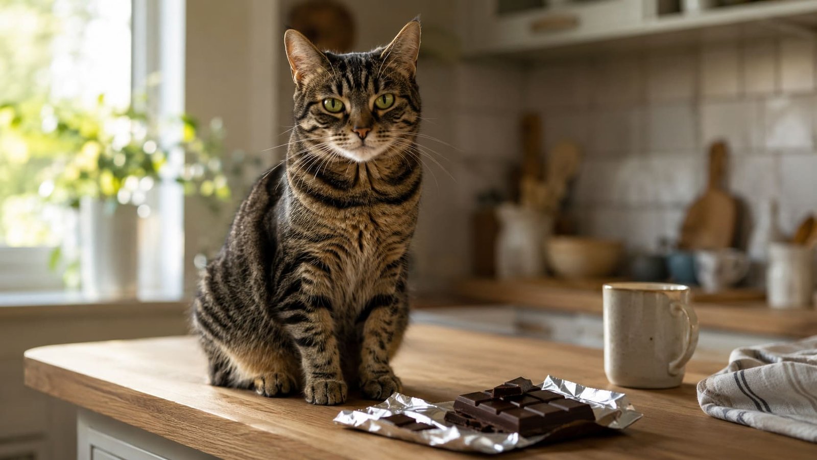 Tabby cat sitting on a kitchen counter beside an open bar of dark chocolate