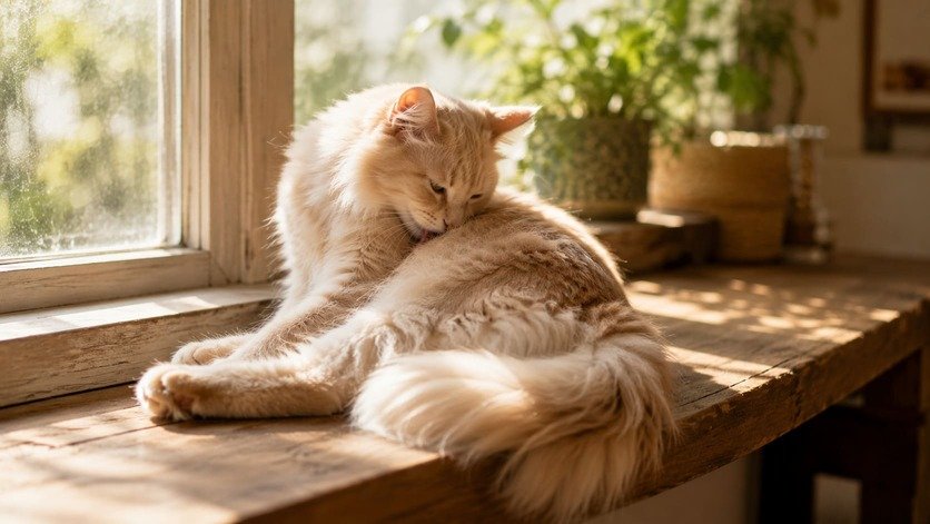 Long-haired cat grooming her side intently while lying on a windowsill