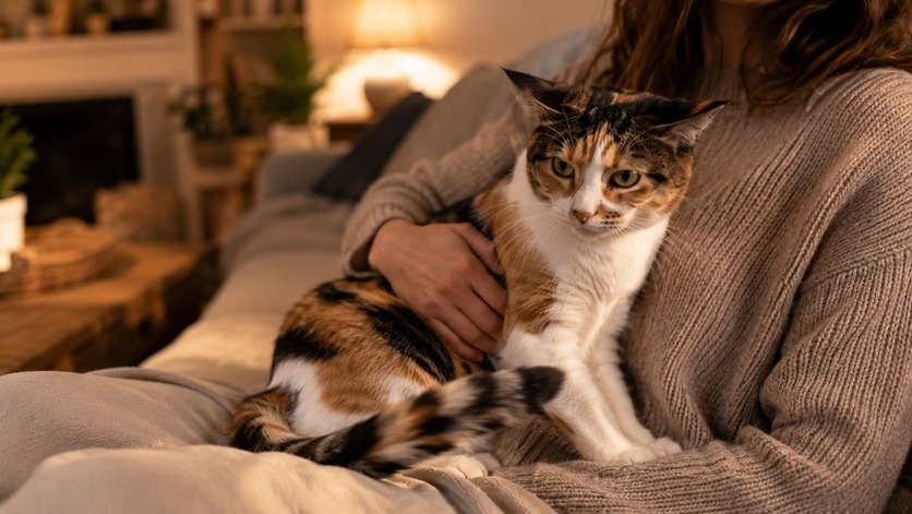 Calico cat with flattened ears and twitching tail sitting alert on a lap