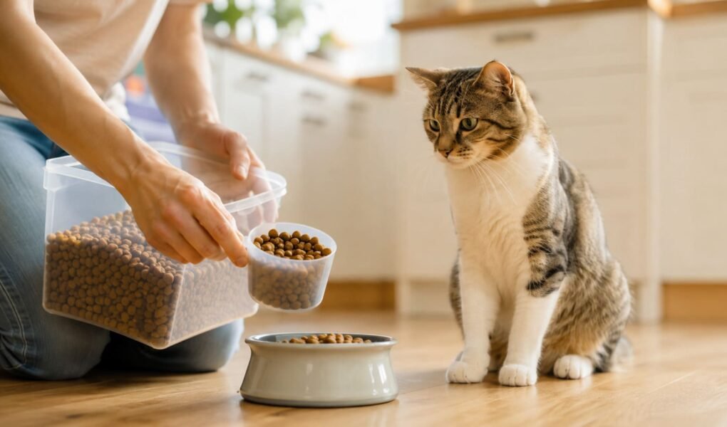 Person measuring dry cat food into a cup in a home kitchen