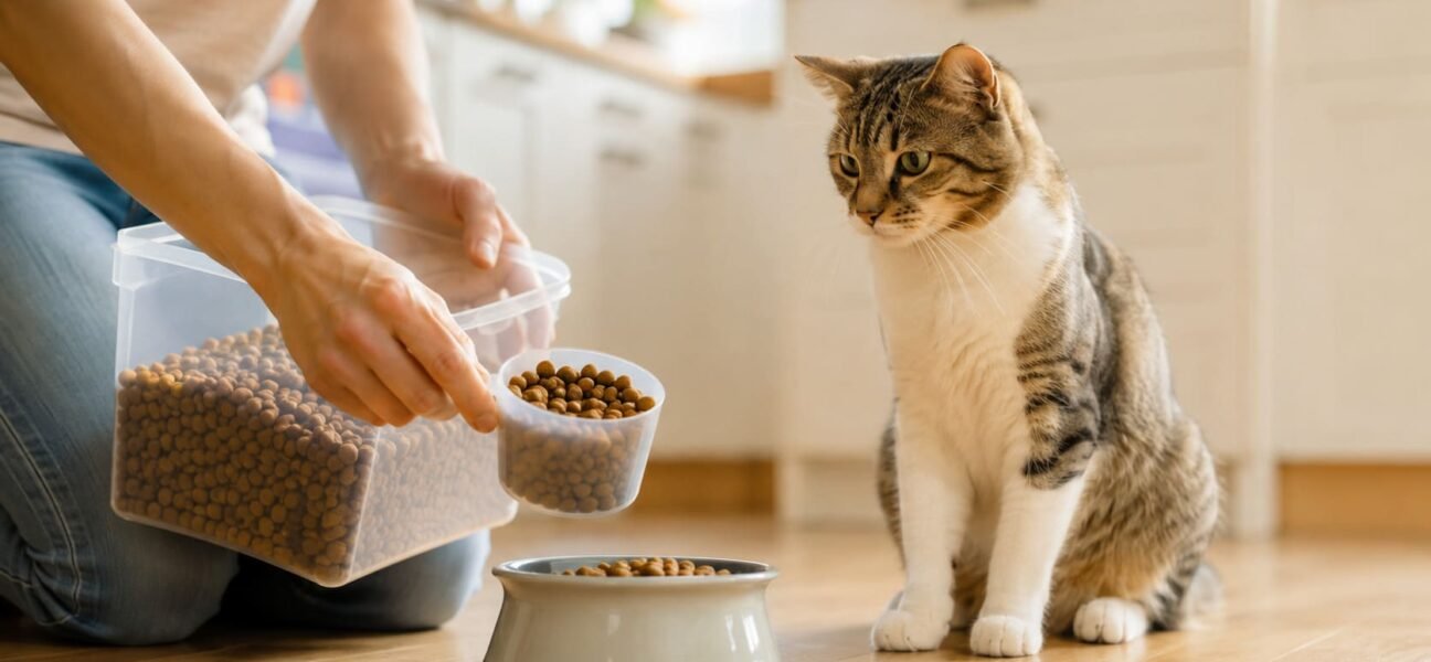 Person measuring dry cat food into a cup in a home kitchen