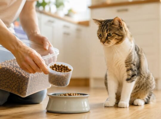 Person measuring dry cat food into a cup in a home kitchen