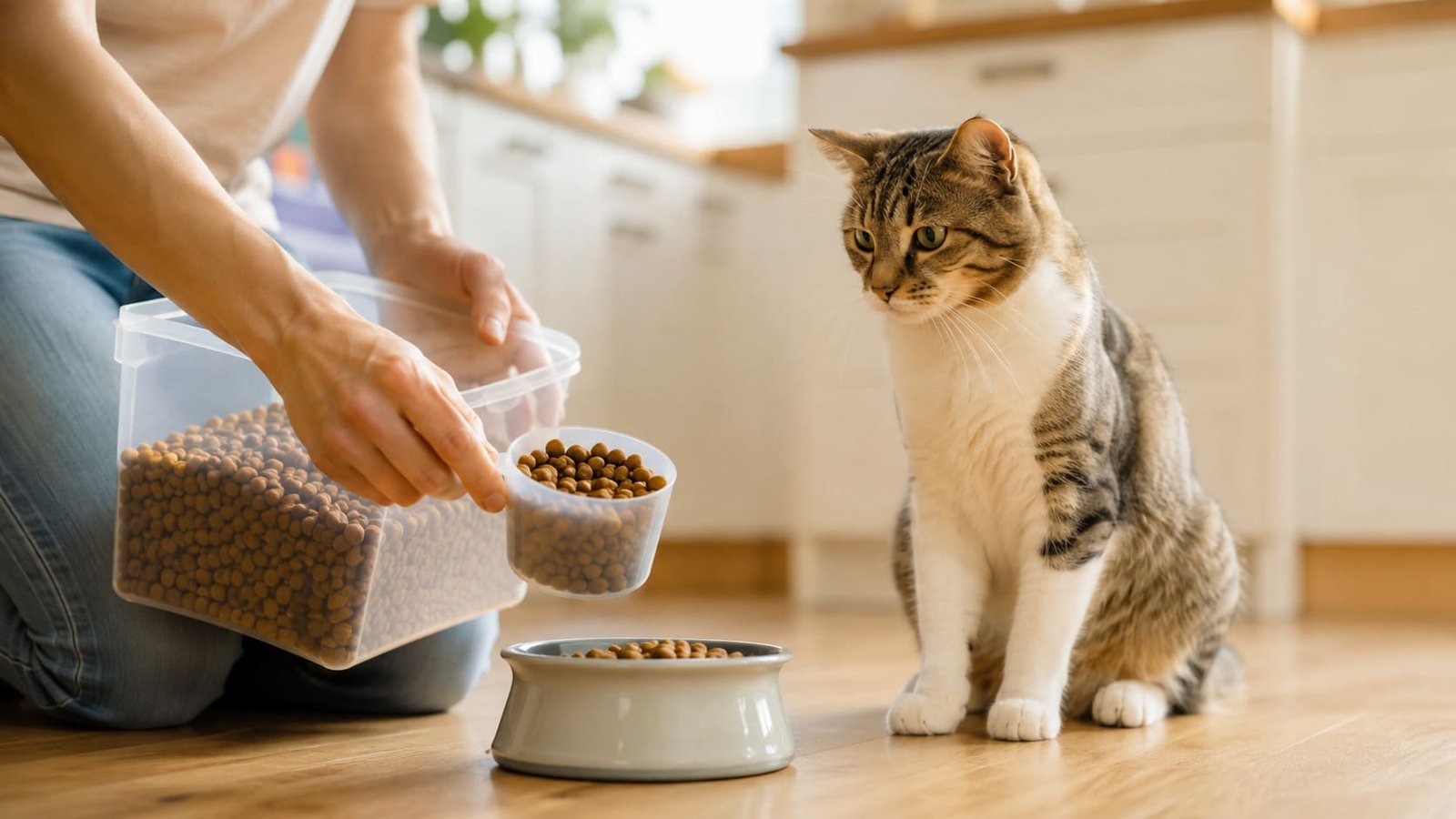 Person measuring dry cat food into a cup in a home kitchen
