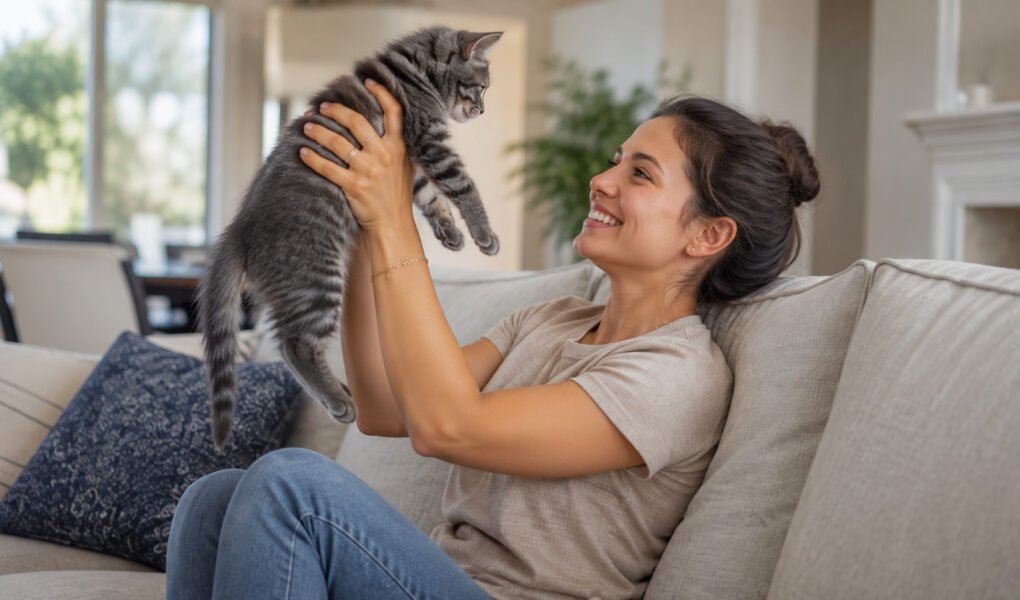 Woman smiling at a gray kitten in a sunlit American living room