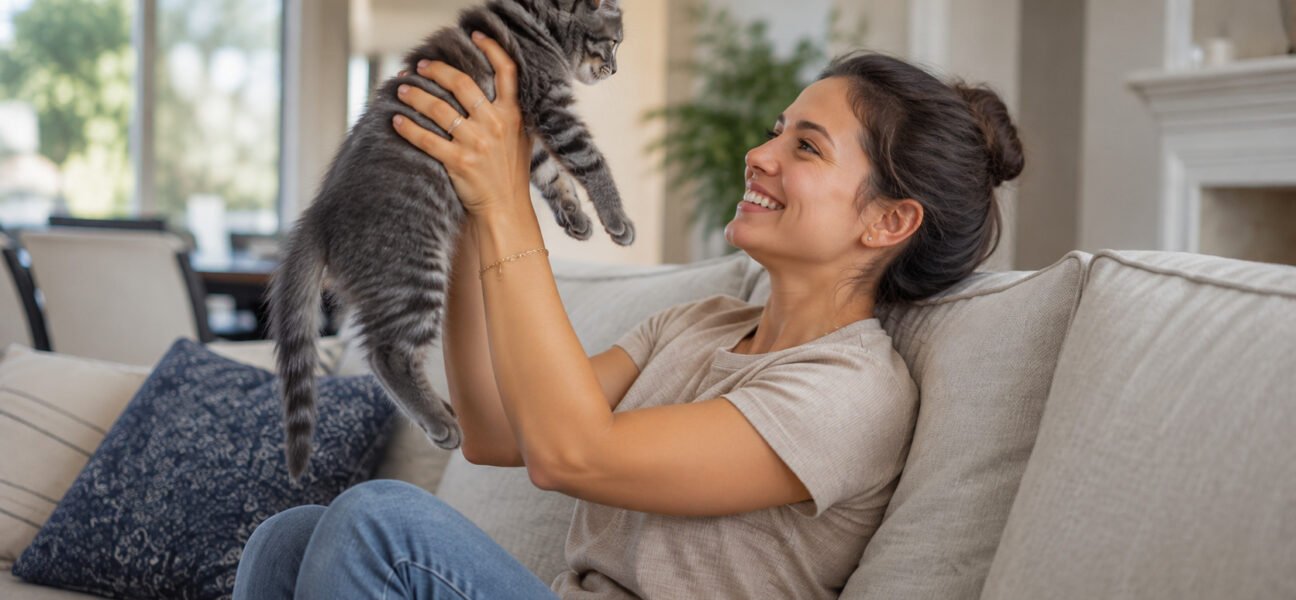 Woman smiling at a gray kitten in a sunlit American living room