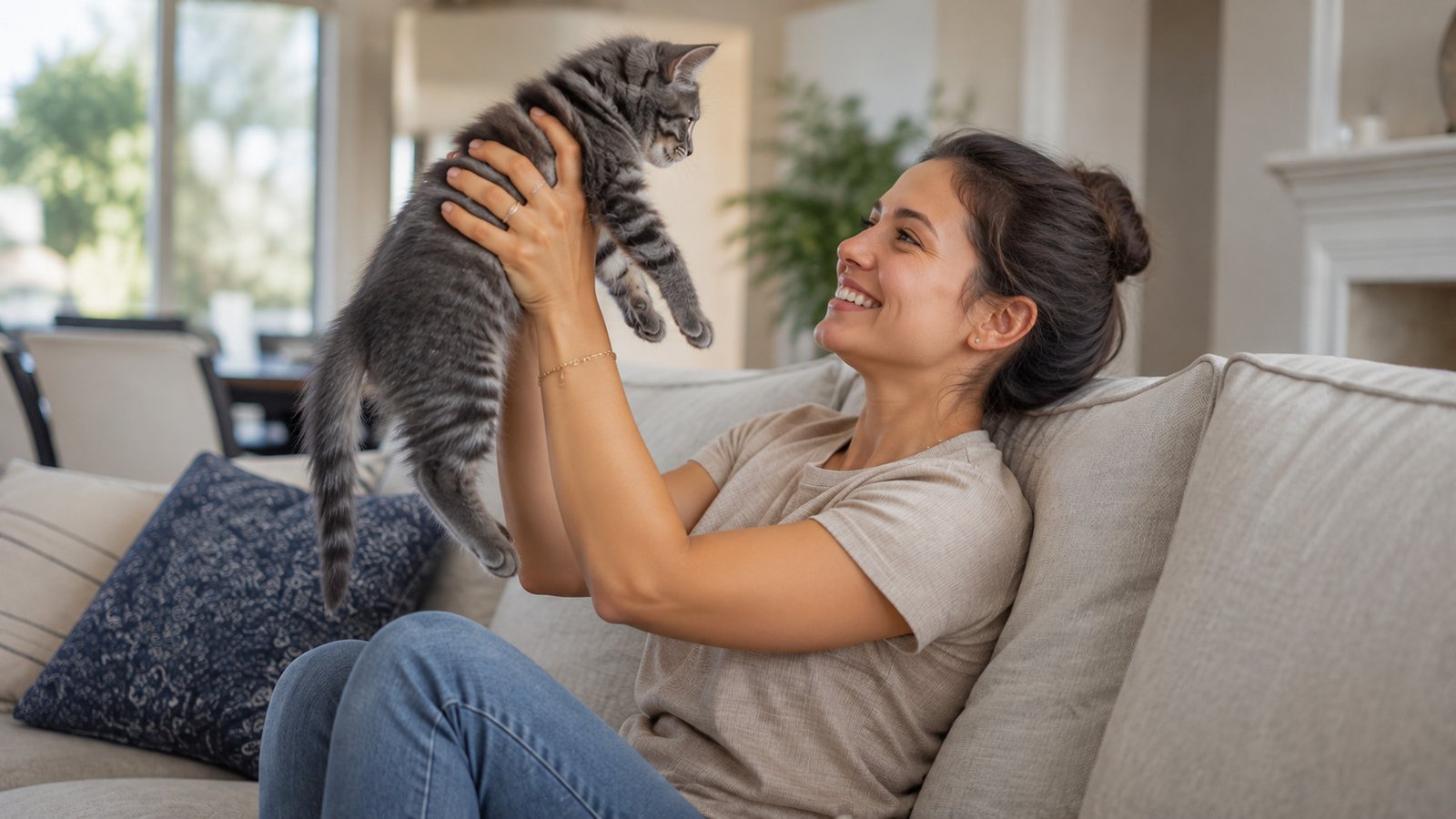 Woman smiling at a gray kitten in a sunlit American living room