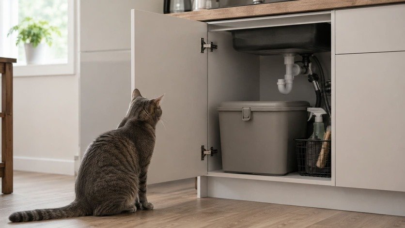 Kitchen bin with a locking lid inside a closed under-sink cupboard, with a cat sitting nearby on the floor