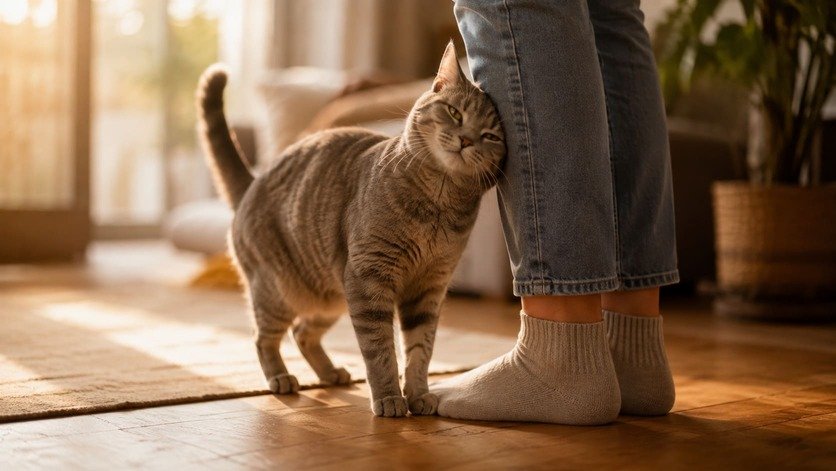 Gray cat pressing her cheek against her owner's leg to spread her scent