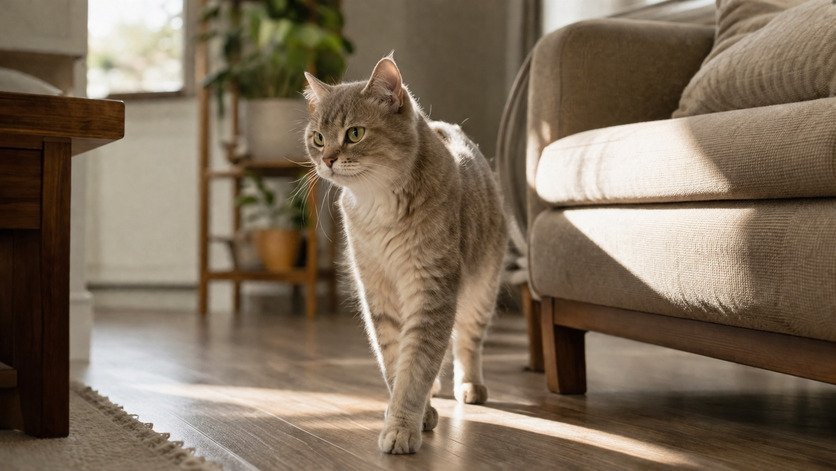 A relaxed cat exploring a living room a few days after arrival