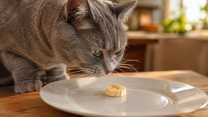 Gray cat leaning in to sniff a small slice of banana on a plate without eating it