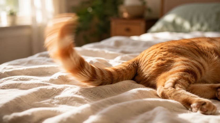 Close-up of an orange tabby female cat lying on a bed with her tail mid-flick against the blanket