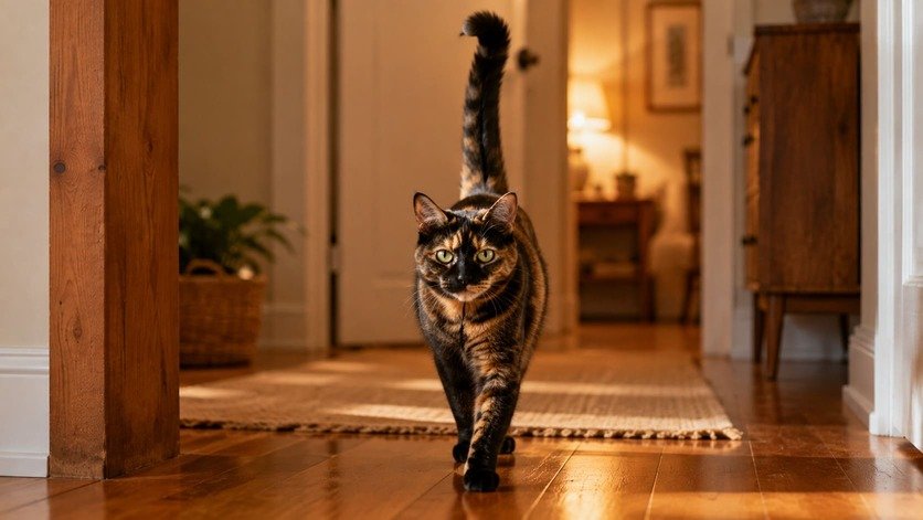 Tortoiseshell cat walking across a wooden floor with her tail held straight up in a friendly greeting posture