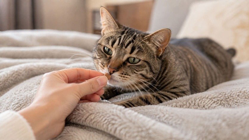 Cat taking a small treat from a person's hand while resting calmly on a blanket