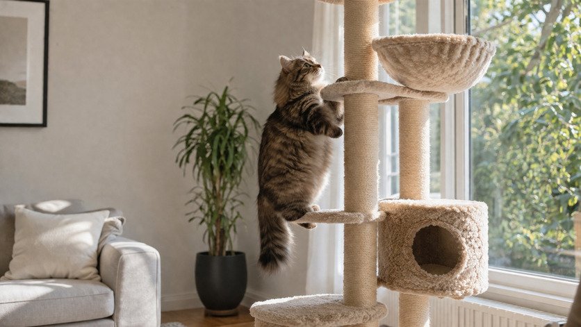 A cat climbing a cat tree near a sunny window