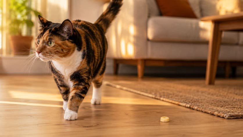 Calico cat turning away from a small piece of banana on the floor of a sunlit living room