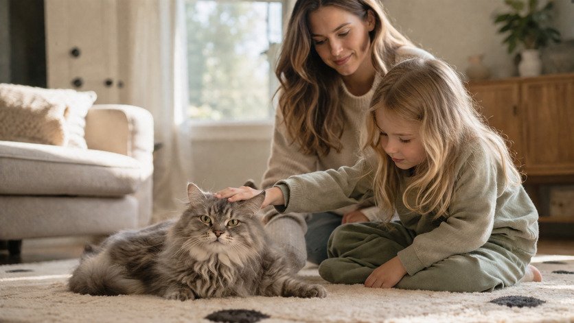 A child gently petting a cat while an adult supervises nearby