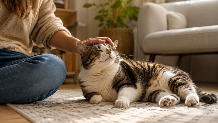 Person gently petting a cat while sitting on the floor at home