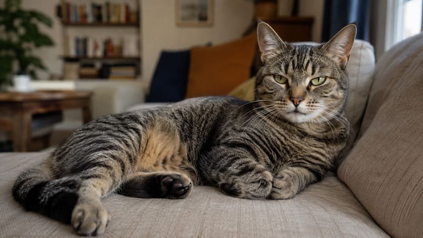 Gray tabby female cat lying on a couch cushion