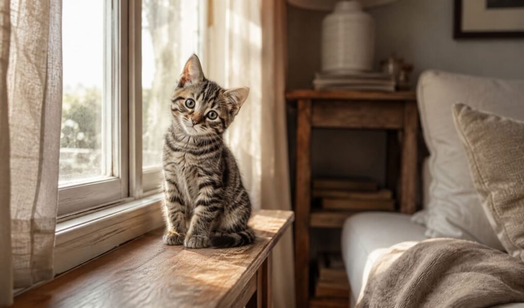 Small tabby kitten sitting on a sunlit windowsill looking toward the camera